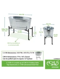 Achla Designs Mini Oval Galvanized Tub With Folding Stand -Garden Tools Sales Store 8612906 04v